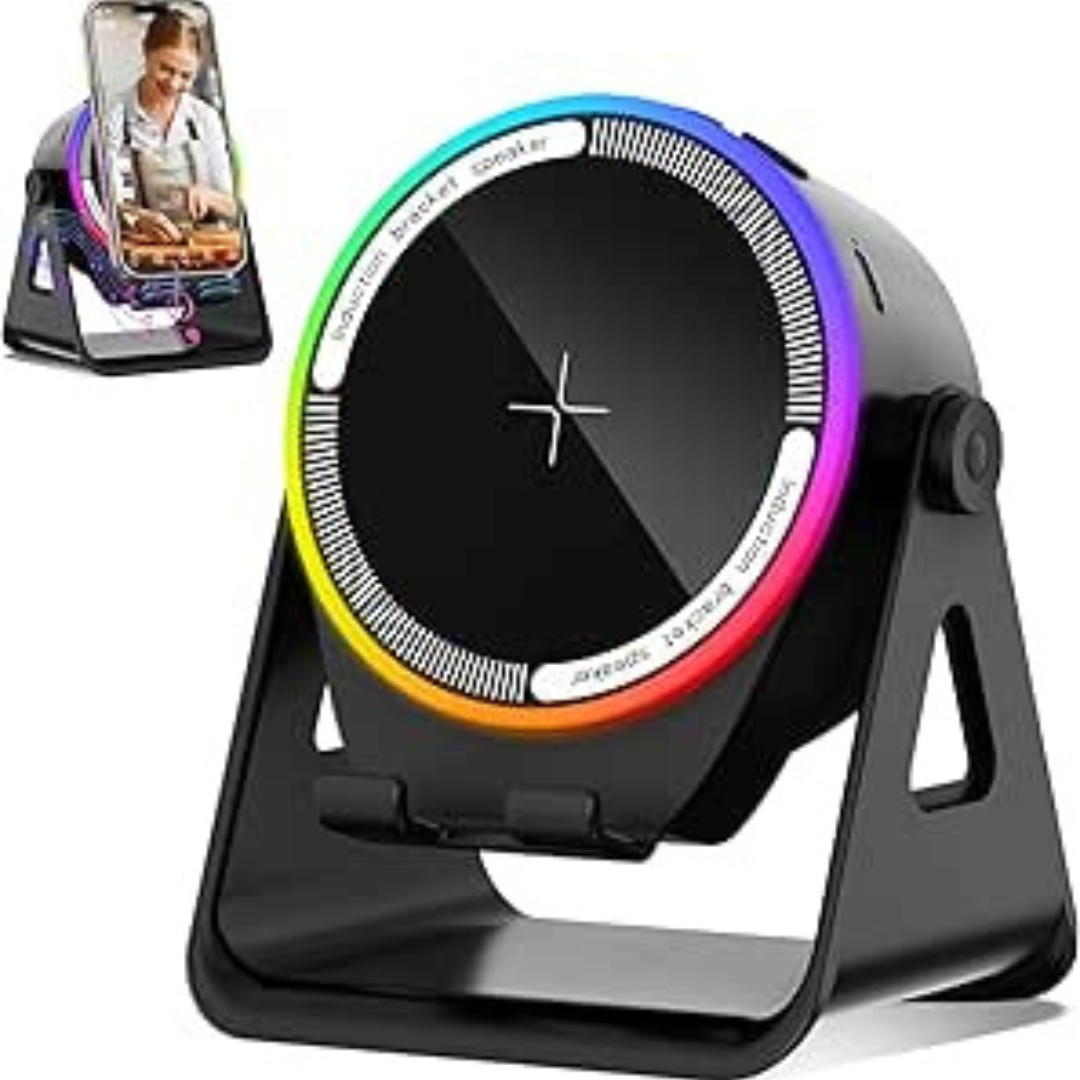 4-in-1 Wireless Induction Speaker with RGB Lights & Phone Stand | 360° Rotating Design